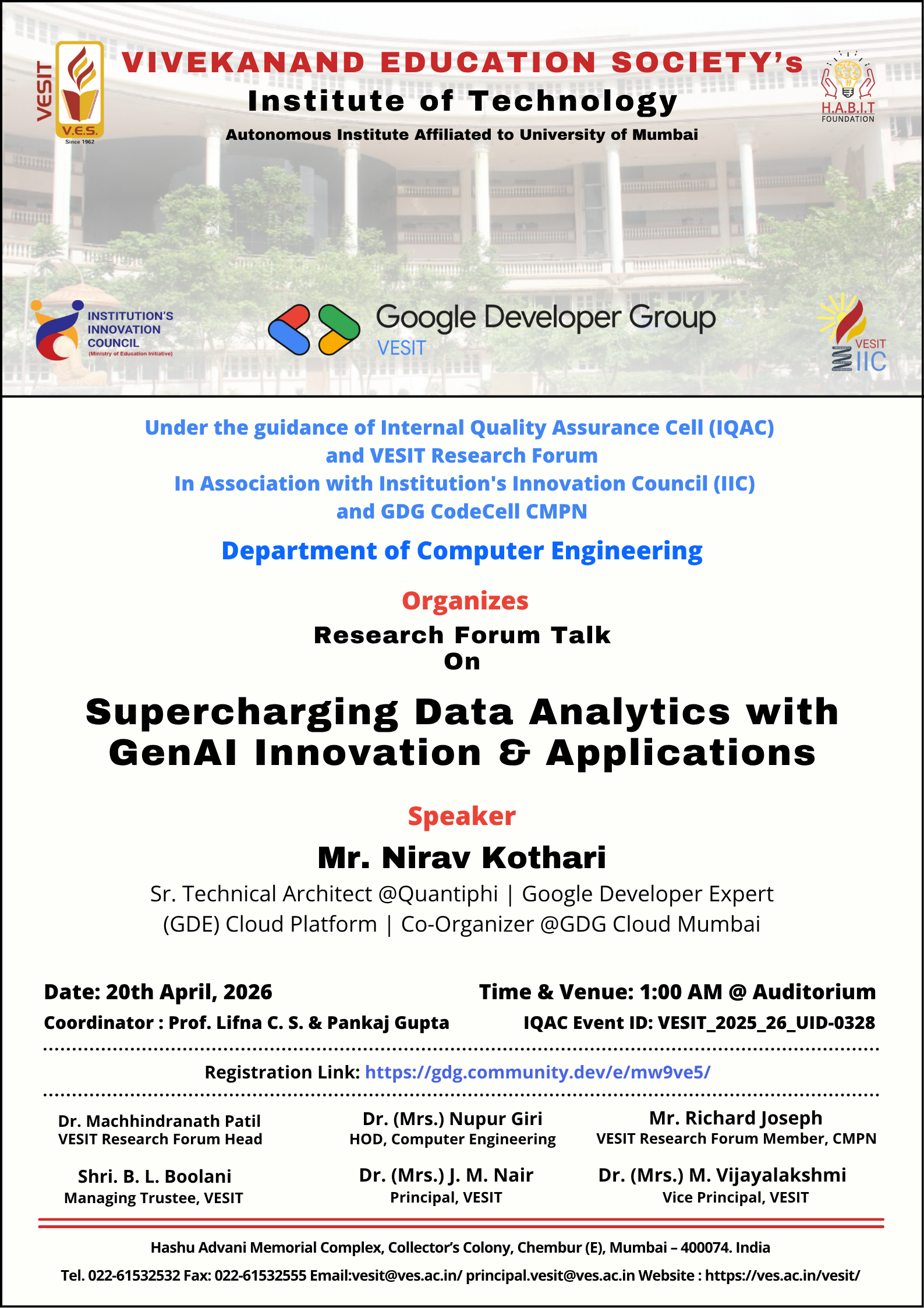 Research Forum Session on "Supercharging Data Analytics with GenAI Innovation &amp; Applications" on 20th April, 2026 at 1.00 pm