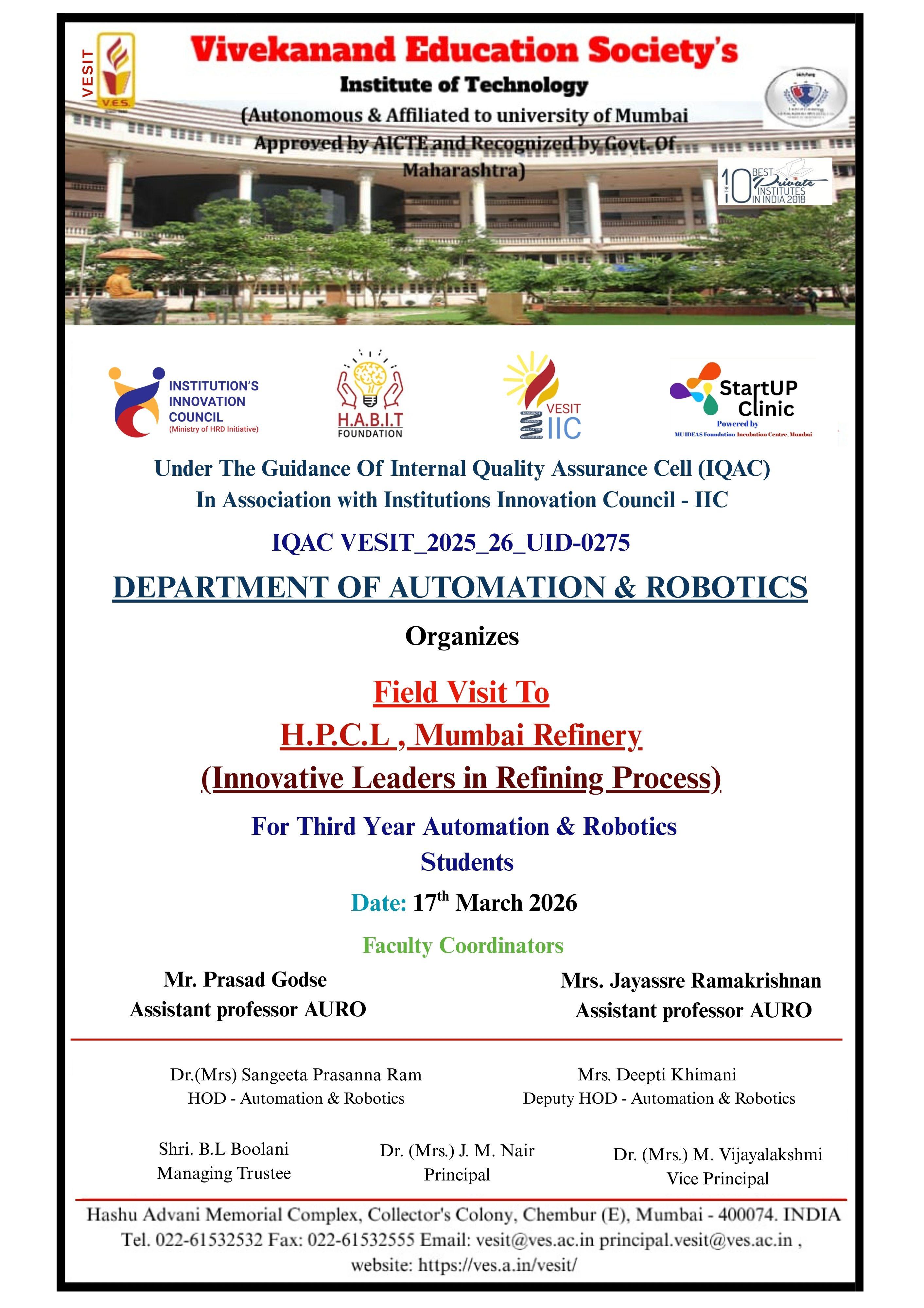 Field Visit to HPCL, Mumbai Refinery for their Third Year Automation &amp; Robotics Students