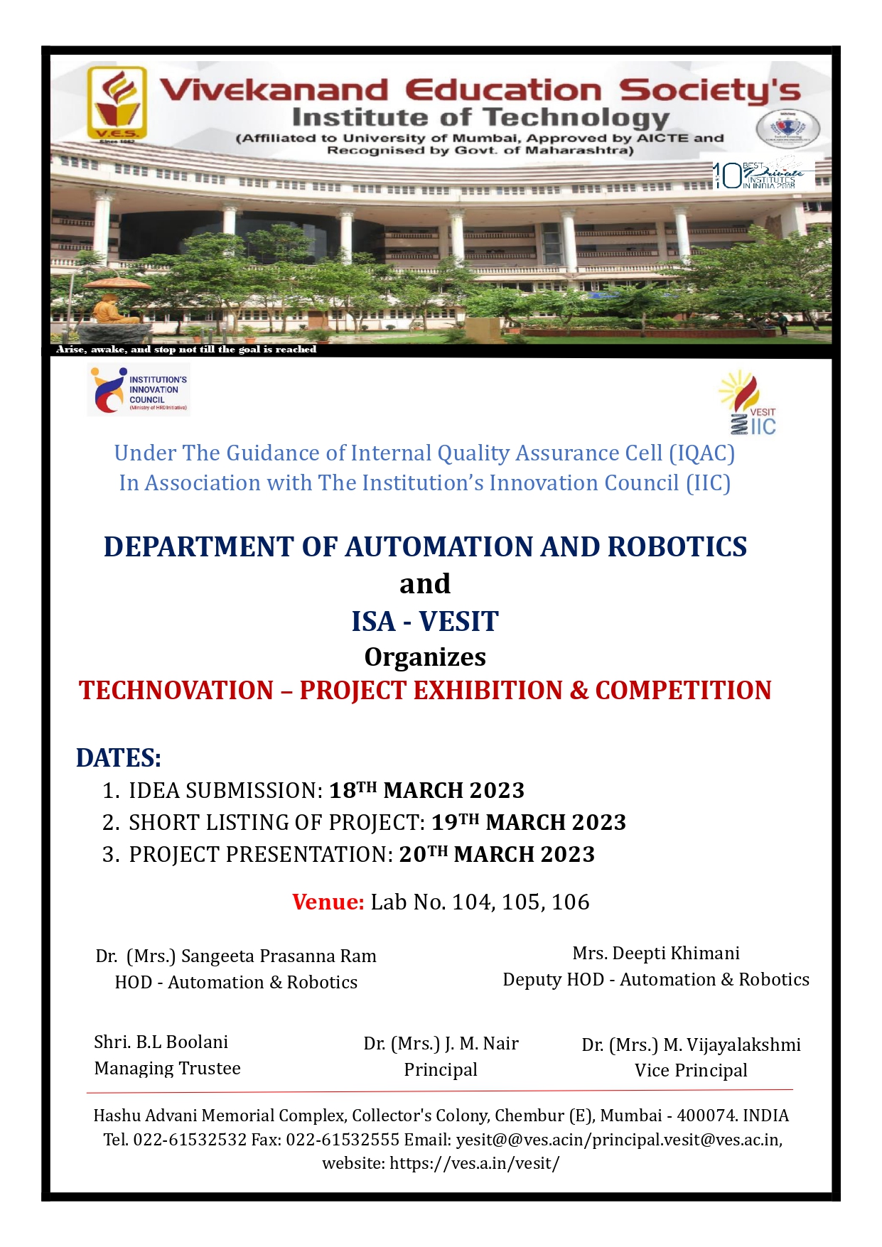 DEPARTMENT OF AUTOMATION AND ROBOTICS and ISA - VESIT Organizes TECHNOVATION – PROJECT EXHIBITION &amp; COMPETITION
