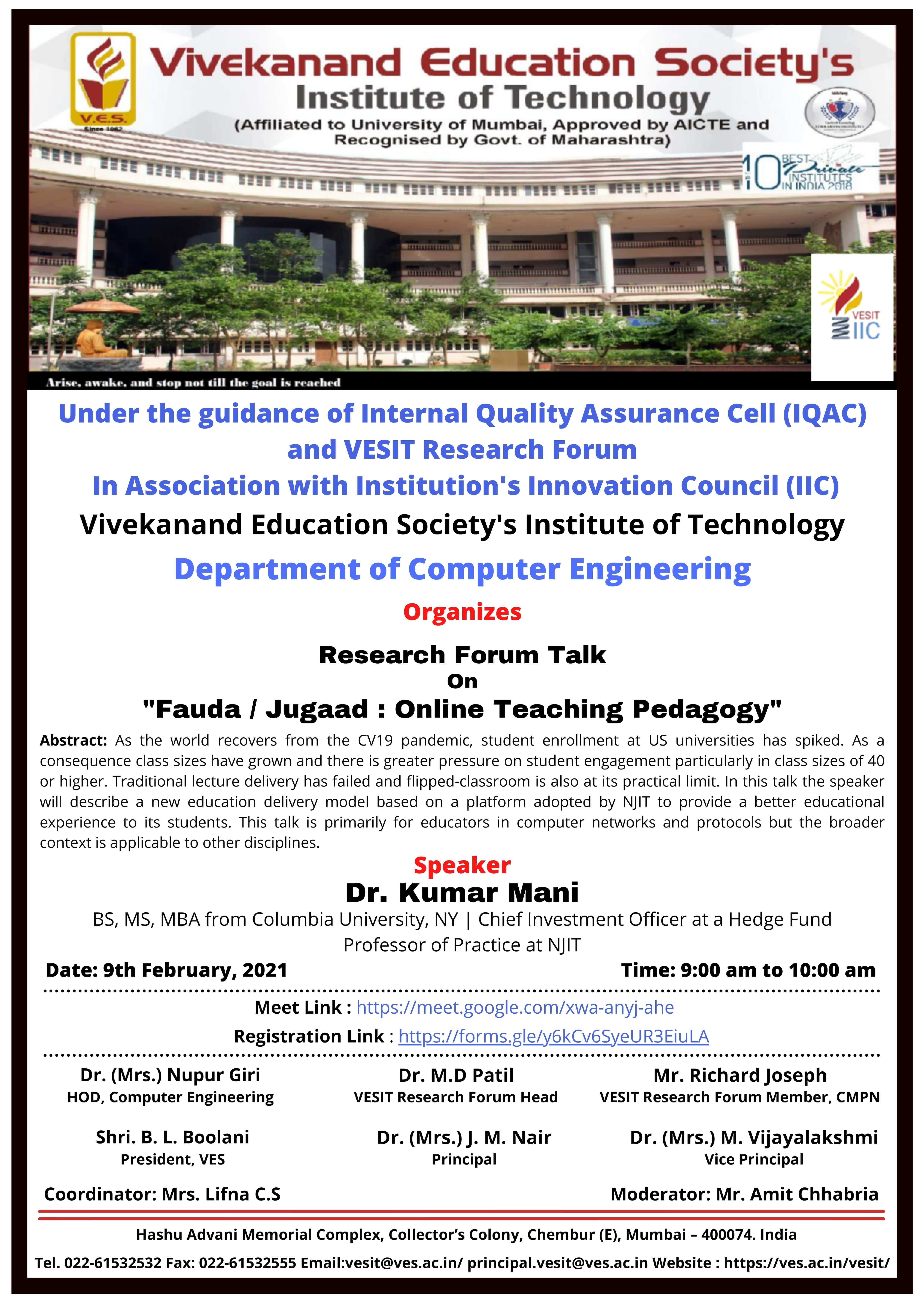 Research Forum Talk on "Fauda / Jugaad: Online Teaching Pedagogy" on 9th Feb 2022 @9am