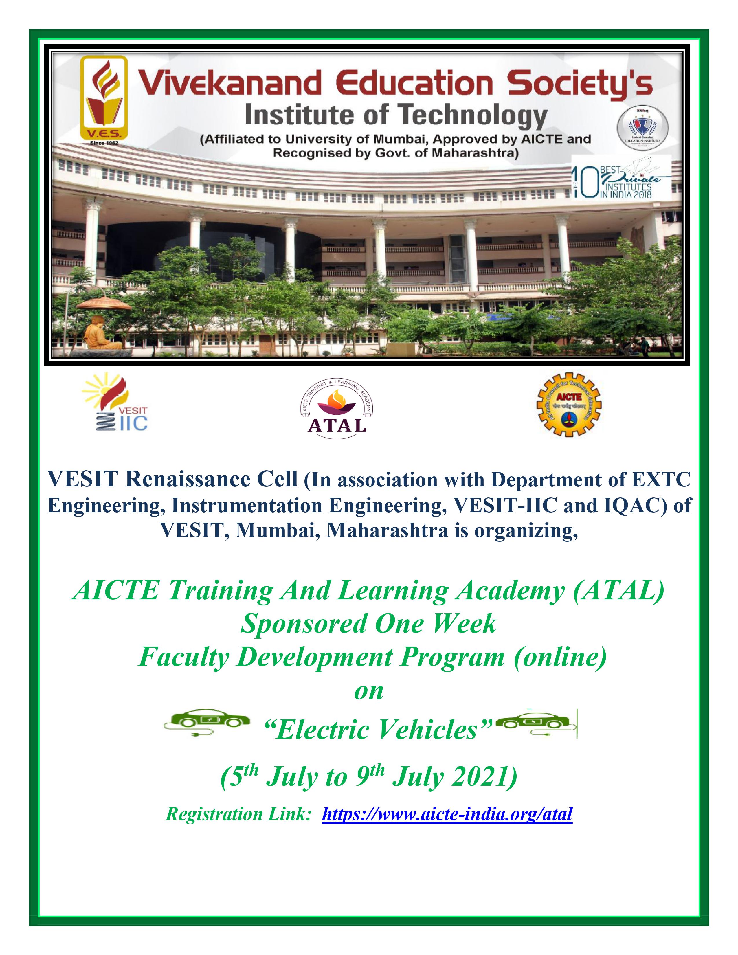 AICTE Training And Learning (ATAL) Academy sponsored*, one week faculty development program (online) on 🔌" Electrical Vehicles"🔌